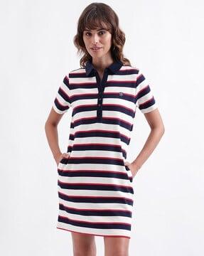 women striped a-line dress with full sleeves
