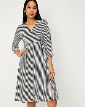 women striped a-line dress with v-neck