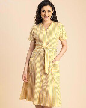 women striped a-line dress with v-neck