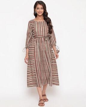 women striped a-line dress with waist tie-up