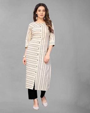 women striped a-line straight kurta pants set