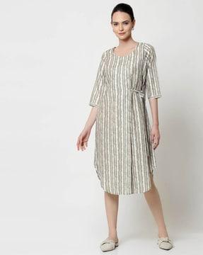 women striped a-line tunic with side tie-up