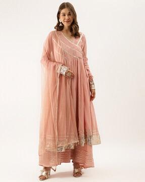 women striped anarkali kurta set