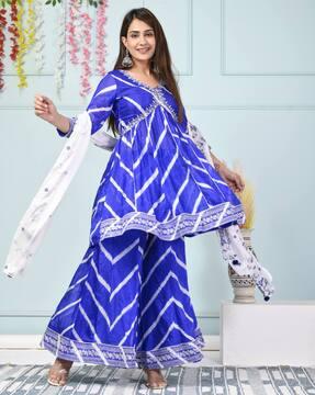 women striped anarkali kurta suit set