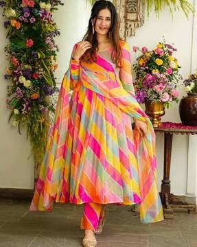 women striped anarkali kurta suit set