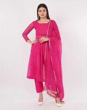 women striped anarkali kurta with pants & dupatta