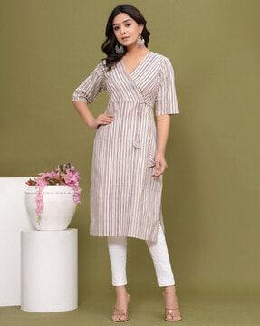 women striped angrakha kurta with tie-up