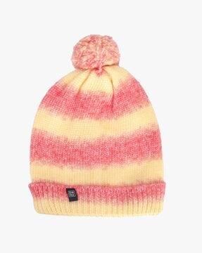 women striped beanie with pom-pom