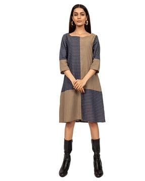 women striped boat-neck a-line dress