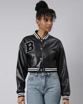 women striped bomber jacket with button closure