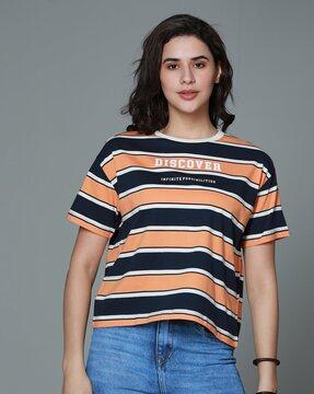 women striped boxy fit crew-neck t-shirt