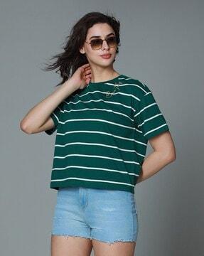 women striped boxy fit crew-neck t-shirt