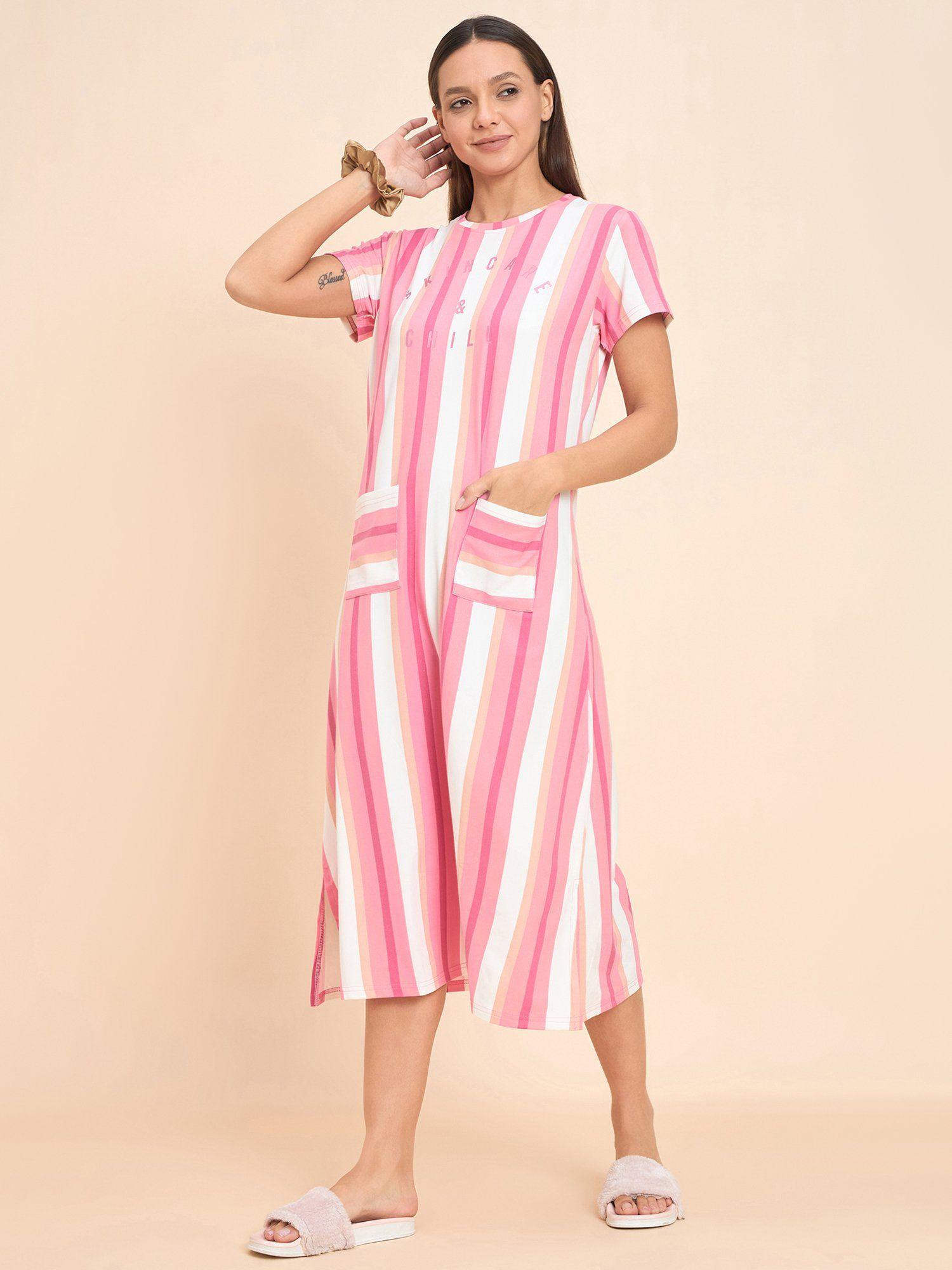 women striped calf length night dress