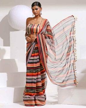 women striped chiffon saree with lace details