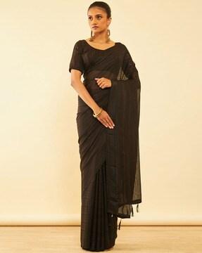 women striped chiffon saree with tassels