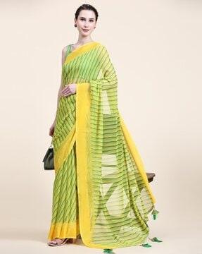 women striped chiffon saree with tassels