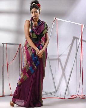 women striped cotton saree with tassels