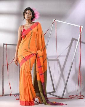 women striped cotton saree with tassels