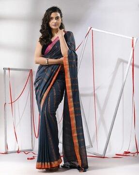 women striped cotton saree with tassels