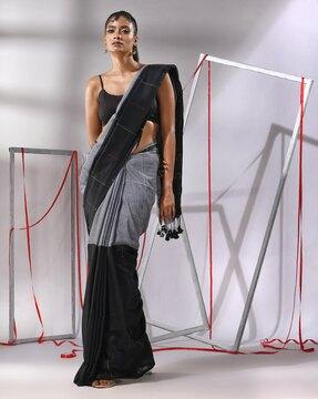 women striped cotton saree with tassels