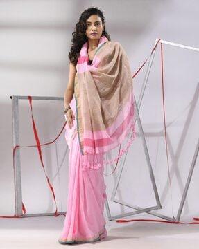 women striped cotton saree with tassels