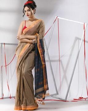 women striped cotton saree with tassels