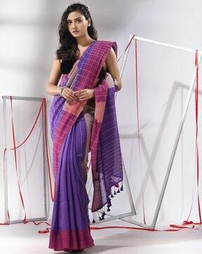 women striped cotton saree with tassels