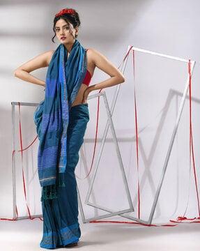 women striped cotton saree with tassels