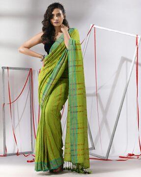 women striped cotton saree with tassels