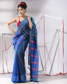 women striped cotton saree with tassels