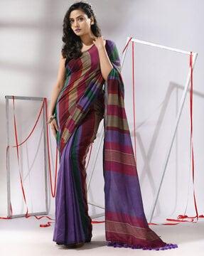 women striped cotton saree with tassels