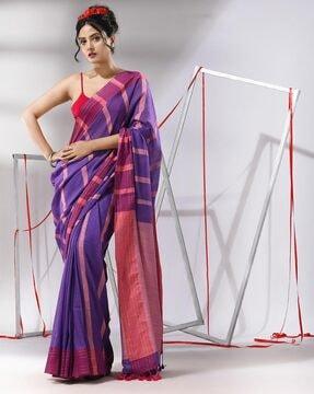 women striped cotton saree with tassels