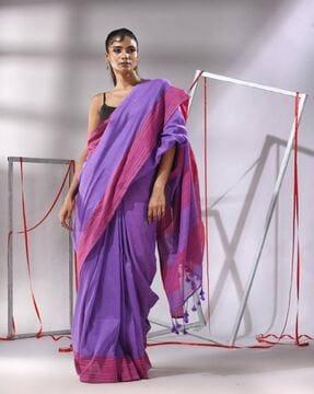 women striped cotton saree with tassels