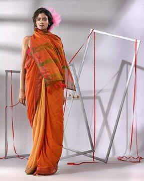 women striped cotton saree with tassels