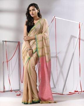 women striped cotton saree with tassels