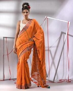 women striped cotton saree with tassels