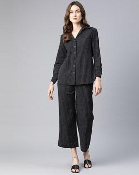 women striped cotton shirt & trousers set