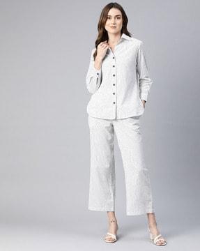 women striped cotton shirt & trousers set