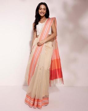 women striped cotton silk saree with tassels