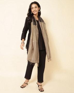 women striped cotton silk stole with fringes