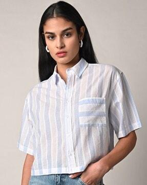 women striped crop shirt with patch pocket