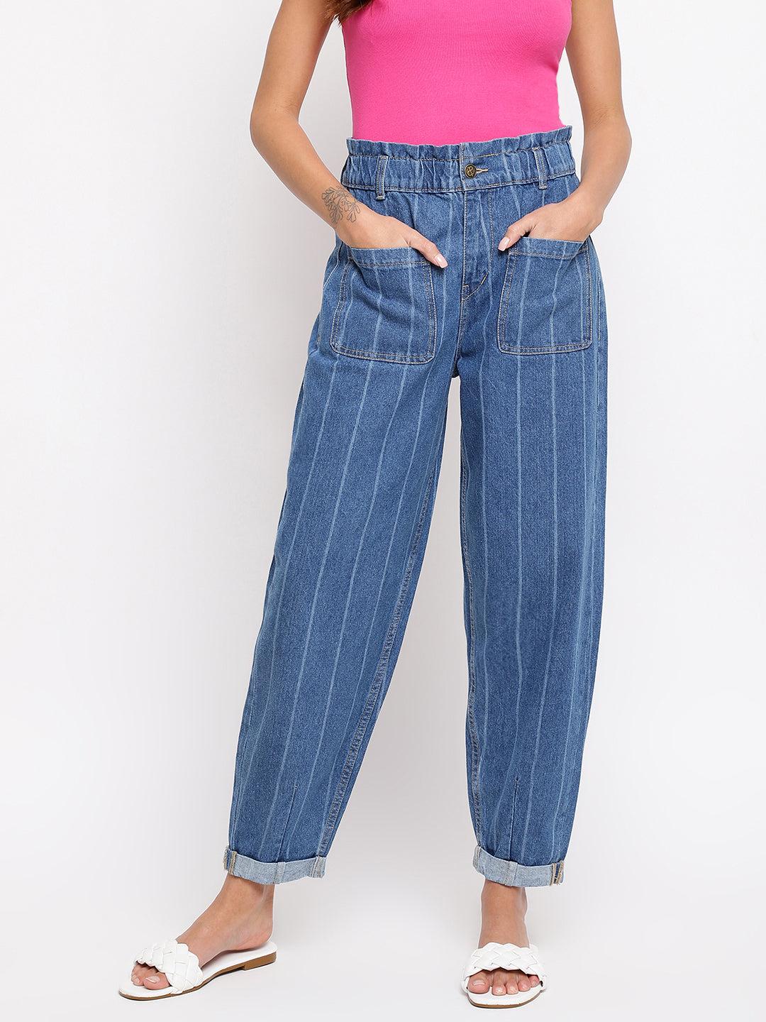 women striped denim mom fit jeans