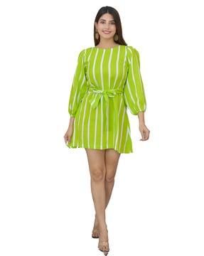 women striped dress with waist tie-up