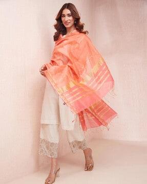 women striped dupatta with tassels