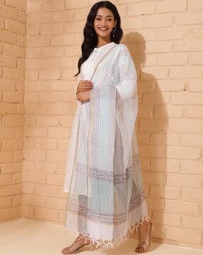 women striped dupatta with tassels