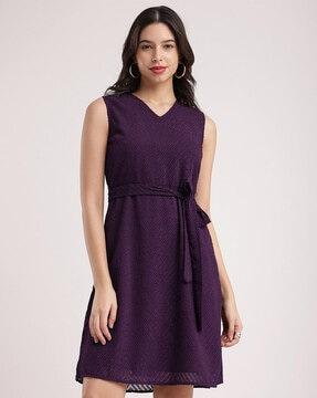 women striped fit & flare dress with waist tie-up