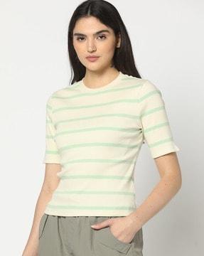 women striped fitted crew-neck t-shirt