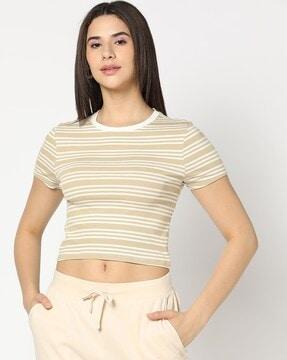 women striped fitted crop crew-neck t-shirt