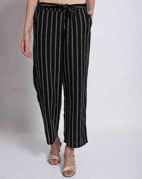 women striped flat-front relaxed fit trousers with insert pockets