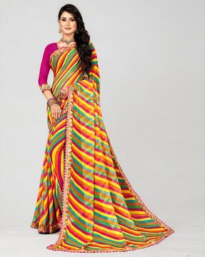 women striped georgette saree with lace border